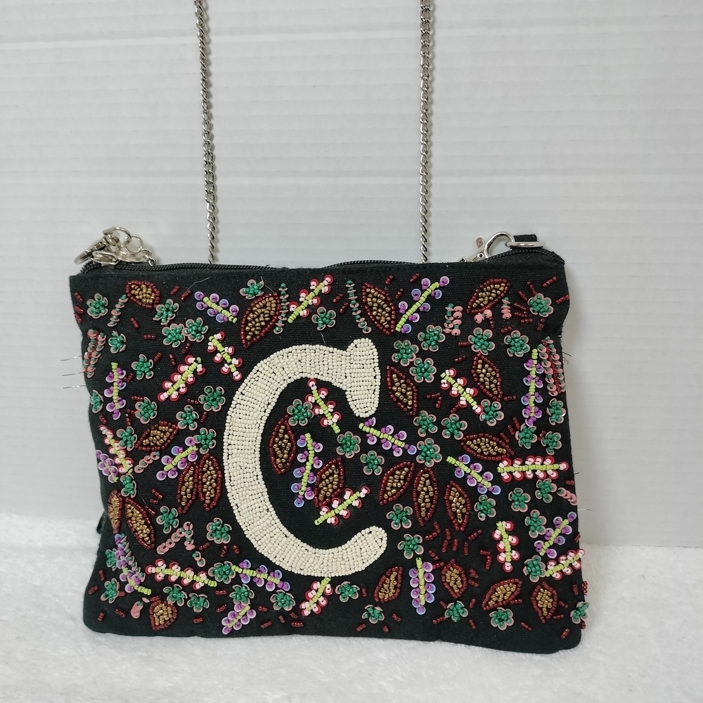 America & Beyond Black Beaded Crossbody Bag with Colorful Embroidery